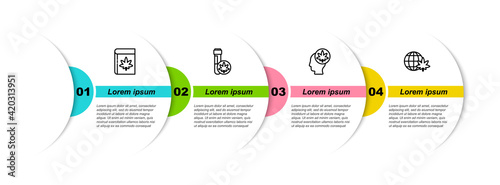 Set line Book and marijuana or cannabis, Chemical test tube with, Head and Legalize globe. Business infographic template. Vector