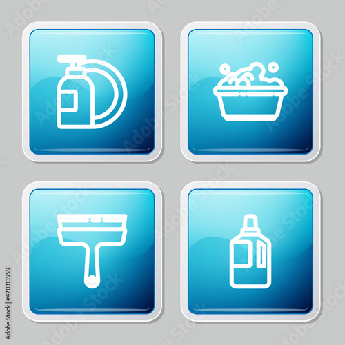 Set line Dishwashing liquid bottle and plate, Plastic basin with soap suds, Rubber cleaner for windows and Fabric softener icon. Vector