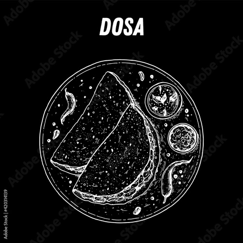 Dosa sketch, Indian food. Hand drawn vector illustration. Sketch style. Top view. Vintage vector illustration.