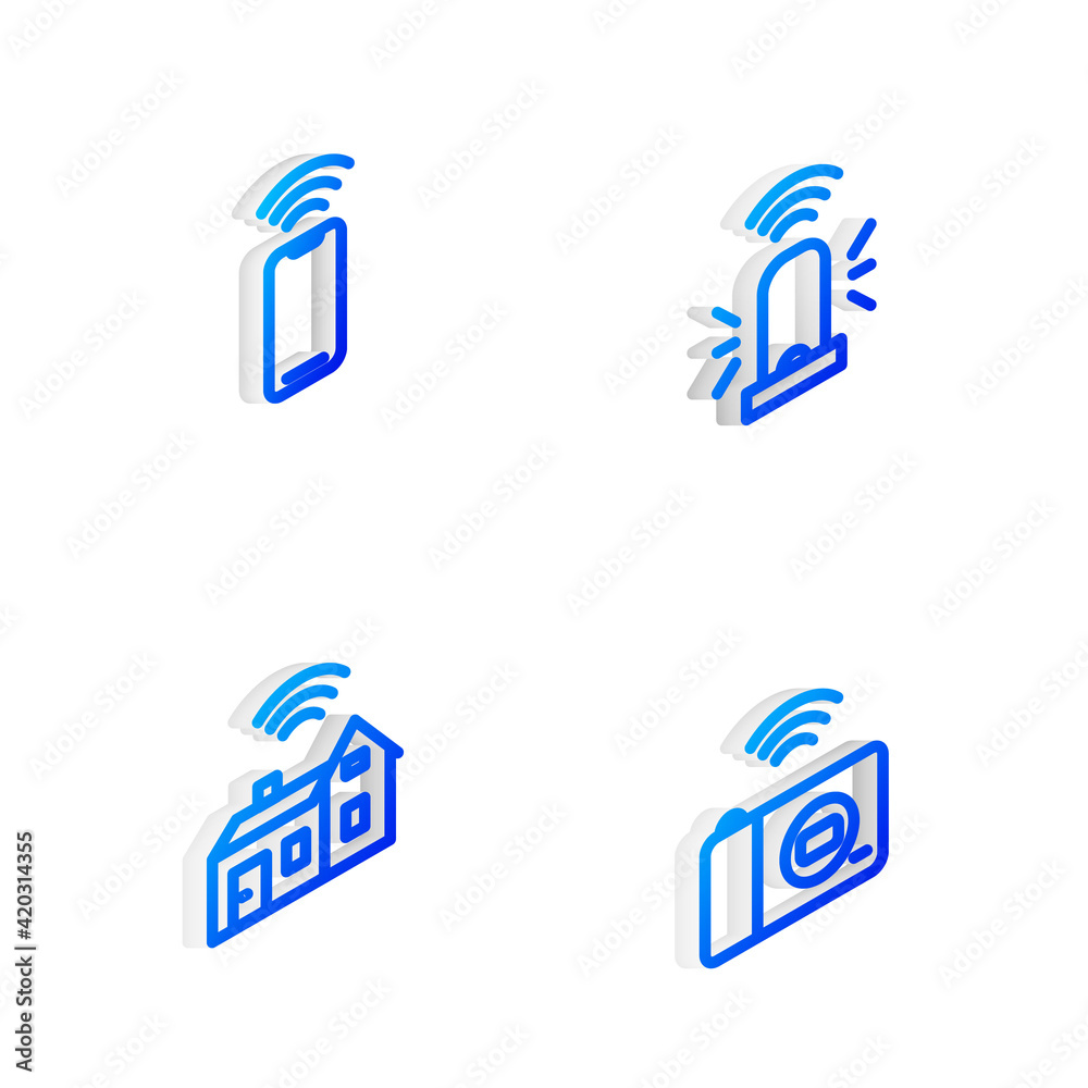 Set Isometric line Smart flasher siren, Wireless smartphone, home with wireless and photo camera icon. Vector Set Isometric line Smart flasher siren, Wireless smartphone, home with wireless and photo camera icon. Vector