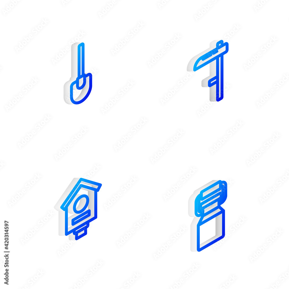 Set Isometric line Scythe, Shovel, Bird house and Can container for milk icon. Vector