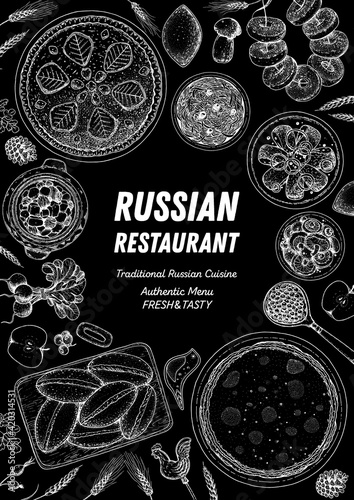 Russian cuisine top view frame. Food menu design elements. Traditional dishes. Russian food. Doodle collection. Vintage hand drawn sketch vector illustration. Menu background. Engraved style.