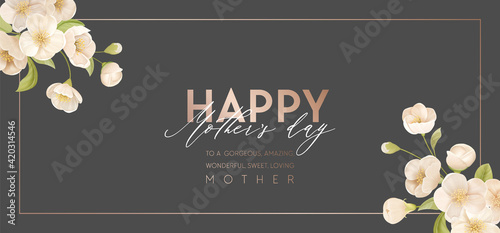 Modern Mother day holiday banner. Spring floral vector illustration design. Advertisement realistic sakura