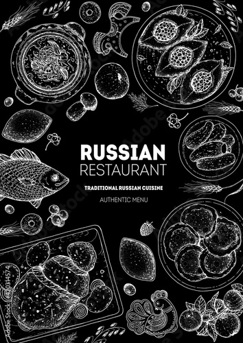 Russian cuisine top view frame. Food menu design elements. Traditional dishes. Russian food. Doodle collection. Vintage hand drawn sketch vector illustration. Menu background. Engraved style.