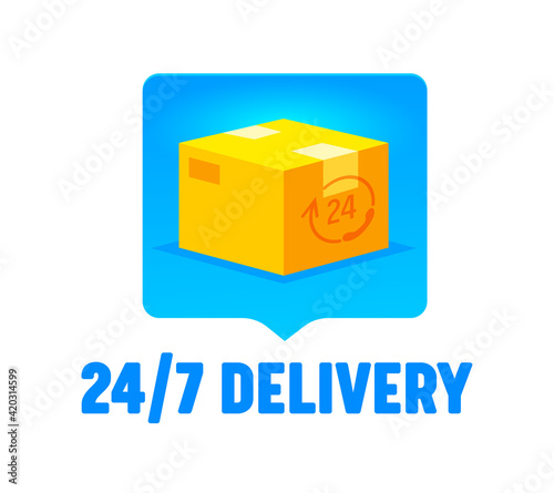 24/7 Delivery Logo with Closed Box Isolated on White Background. Noctidial Parcels Express Transportation, Logistics photo