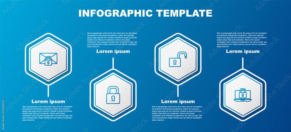 Set line Mail message lock password, Lock, Open padlock and Laptop and. Business infographic template. Vector Set line Mail message lock password, Lock, Open padlock and Laptop and. Business infographic template. Vector