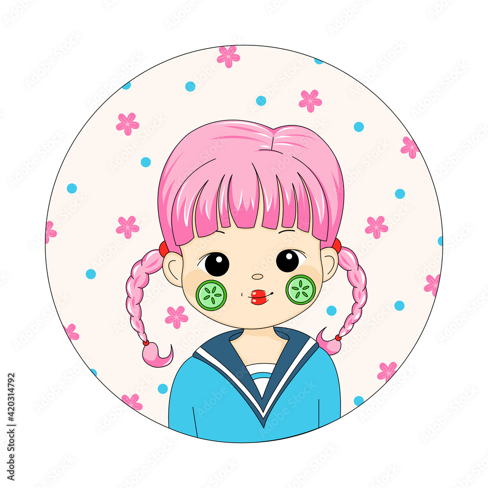 Cute Girl Applying Cucumber Mask Portrait. Cartoon Girl with Pink Pigtails and Cucumber Mask on a Background of Sakura Flowers. Young Woman Doing Skin Care Mask. Cute Female Portrait on Cherry Blossom Cute Girl Applying Cucumber Mask Portrait. Cartoon Girl with Pink Pigtails and Cucumber Mask on a Background of Sakura Flowers. Young Woman Doing Skin Care Mask. Cute Female Portrait on Cherry Blossom