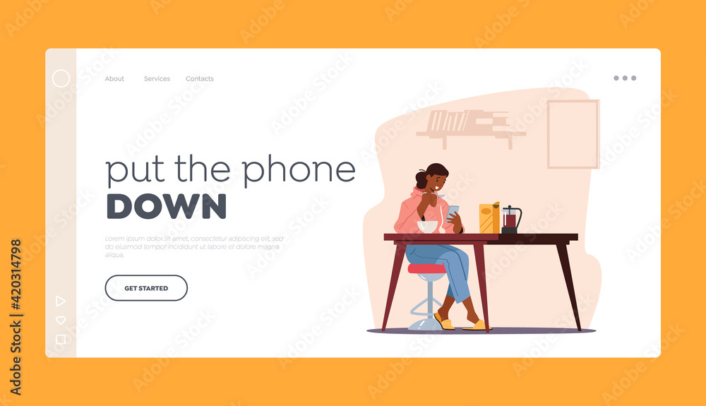 Gadget Addiction, Cellphone Communication Landing Page Template. Young Woman Having Breakfast with Smartphone