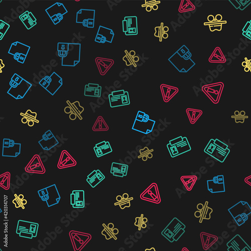 Set line Document and lock, Identification badge, Incognito mode and Exclamation mark in triangle on seamless pattern. Vector