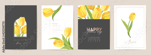 Mother day holiday card. Spring floral vector illustration. Greeting realistic tulip flowers template