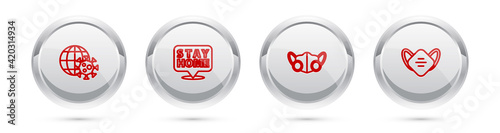 Set line Earth globe with virus, Stay home, Medical protective mask and . Silver circle button. Vector