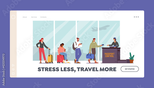 Boarding, Air Flight Landing Page Template. Passenger Characters with Luggage Stand in Queue Prepare Document for Flight