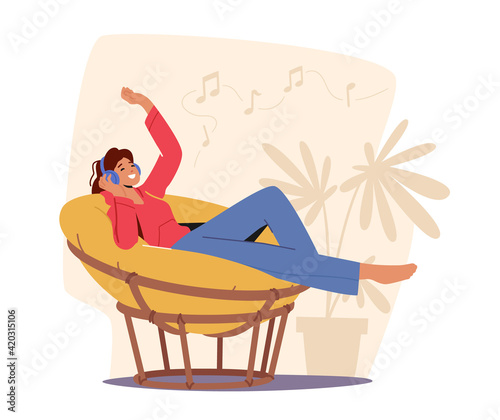 Young Woman Listen Music in Headphones, Relax at Home on Armchair . Female Character Wearing Earphones Enjoying Sound