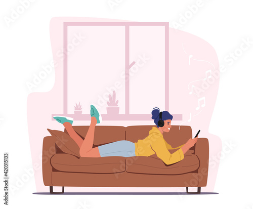 Young Woman Lying on Sofa with Smartphone in Hands Listen Music in Headphones, Relax at Home. Female Character Relaxing