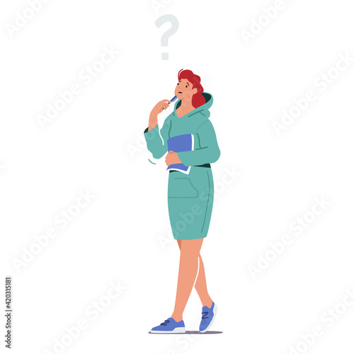 Doubts and Confusion. Serious Female Character Stand Under Question Mark Isolated on White Background. Girl Thinking