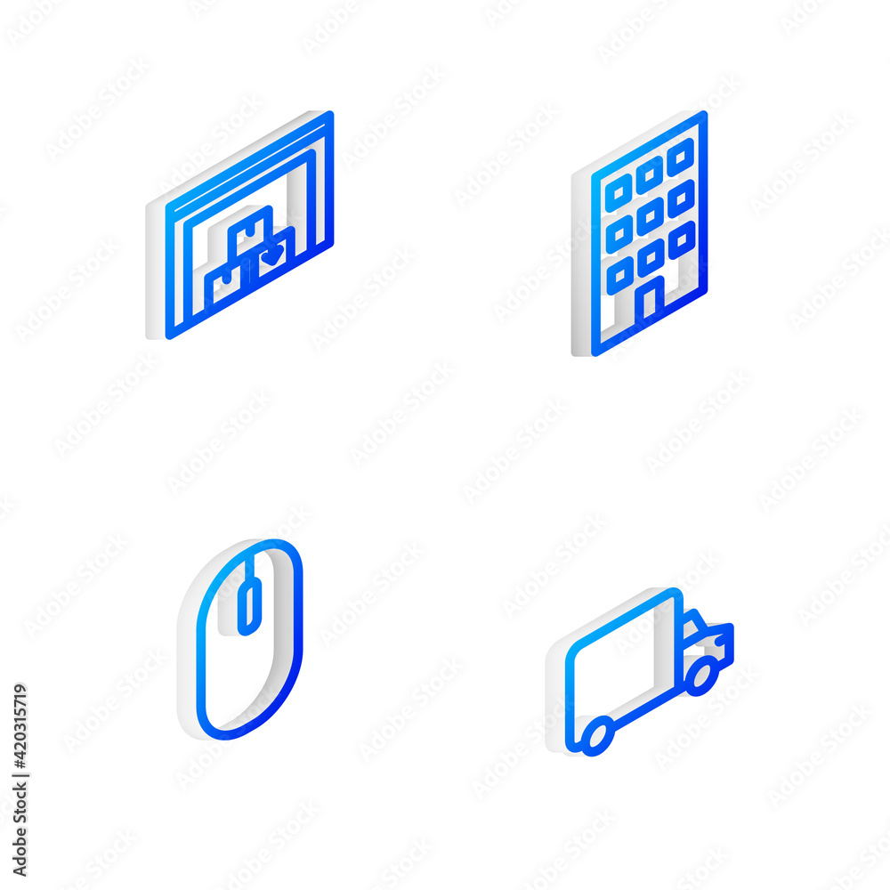Set Isometric line House, Warehouse, Computer mouse and Delivery cargo truck icon. Vector Set Isometric line House, Warehouse, Computer mouse and Delivery cargo truck icon. Vector