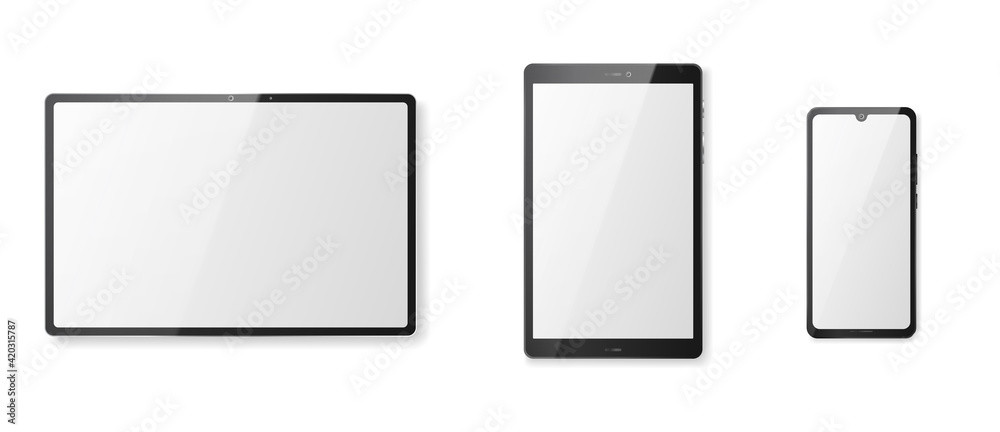 Tablet computer with white screen and black frame. Realistic mockup of modern smart gadget Tablet computer with white screen and black frame. Realistic mockup of modern smart gadget