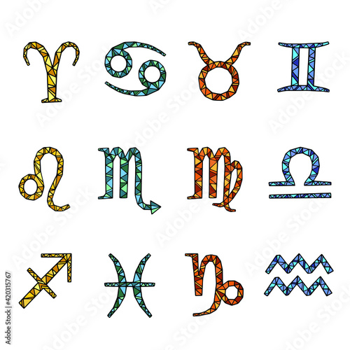 Vector set wit 12 zodiacal constellations. Collection of 12 colourful zodiac signs. Aries, Taurus, Leo, Gemini, Virgo, Scorpio, Libra, Aquarius, Sagittarius, Pisces, Capricorn,Cancer.