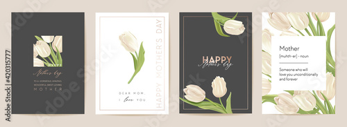 Mother day holiday card. Spring floral vector illustration. Greeting realistic tulip flowers template