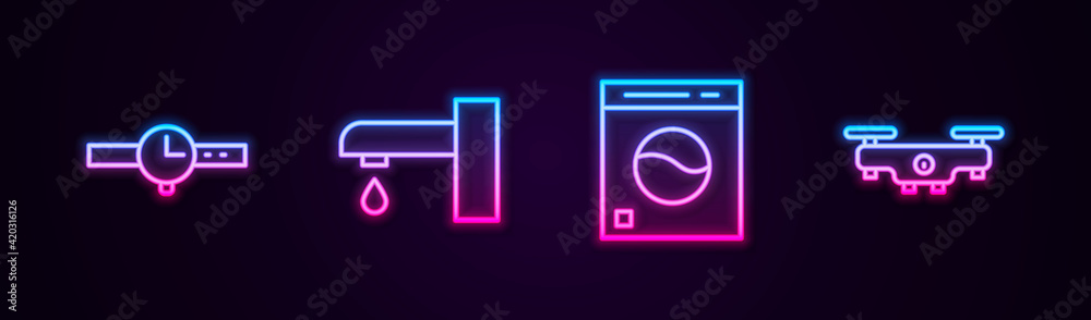 Set line Wrist watch, Water tap, Washer and Drone flying. Glowing neon icon. Vector Set line Wrist watch, Water tap, Washer and Drone flying. Glowing neon icon. Vector