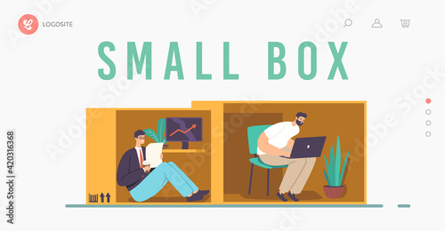 Male Characters inside of Tiny Cramped Room Landing Page Template. Introvert People in Small Box Businessman, Student
