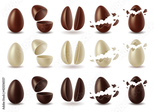 Set of chocolate eggs of milk, dark and white chocolate, whole, broken and halves of easter eggs