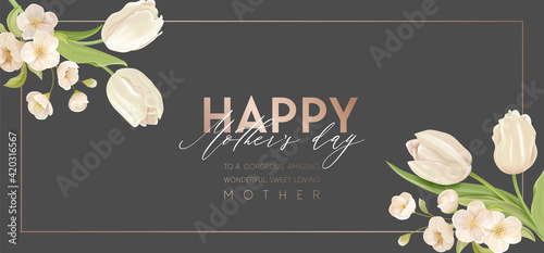 Modern Mother day holiday banner. Spring floral vector illustration design. Advertisement realistic tulip
