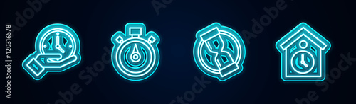 Set line Clock, Stopwatch, Old hourglass and Retro wall. Glowing neon icon. Vector