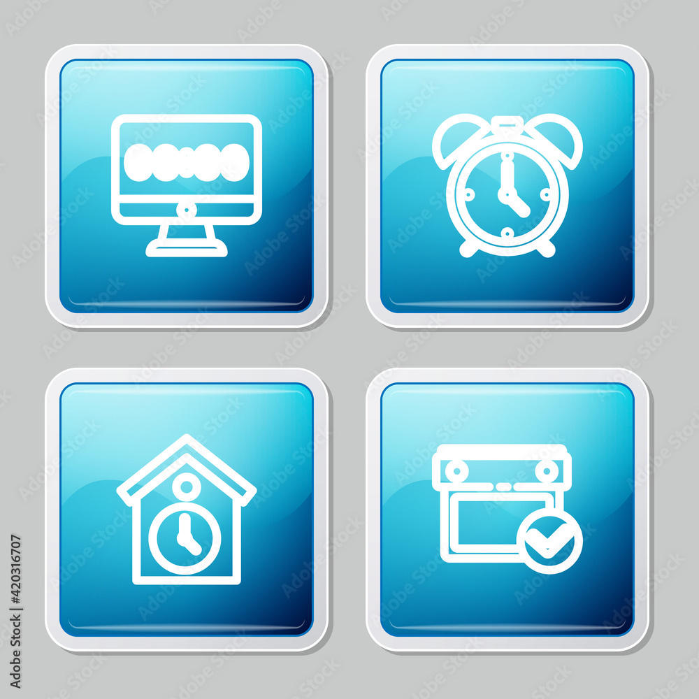 Set line Clock on monitor, Alarm clock, Retro wall watch and Calendar with check mark icon. Vector
