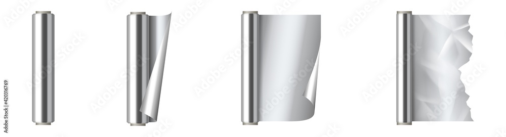 Set of roll of silver aluminium foil. Kitchen packaging element 3d realistic design - obrazy, fototapety, plakaty 