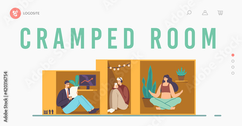 People in Cramped Room, Isolation, Introversion Landing Page Template. Characters inside of Small Boxes Work or Study