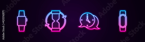 Set line Smartwatch, Old hourglass, Clock speech bubble and . Glowing neon icon. Vector