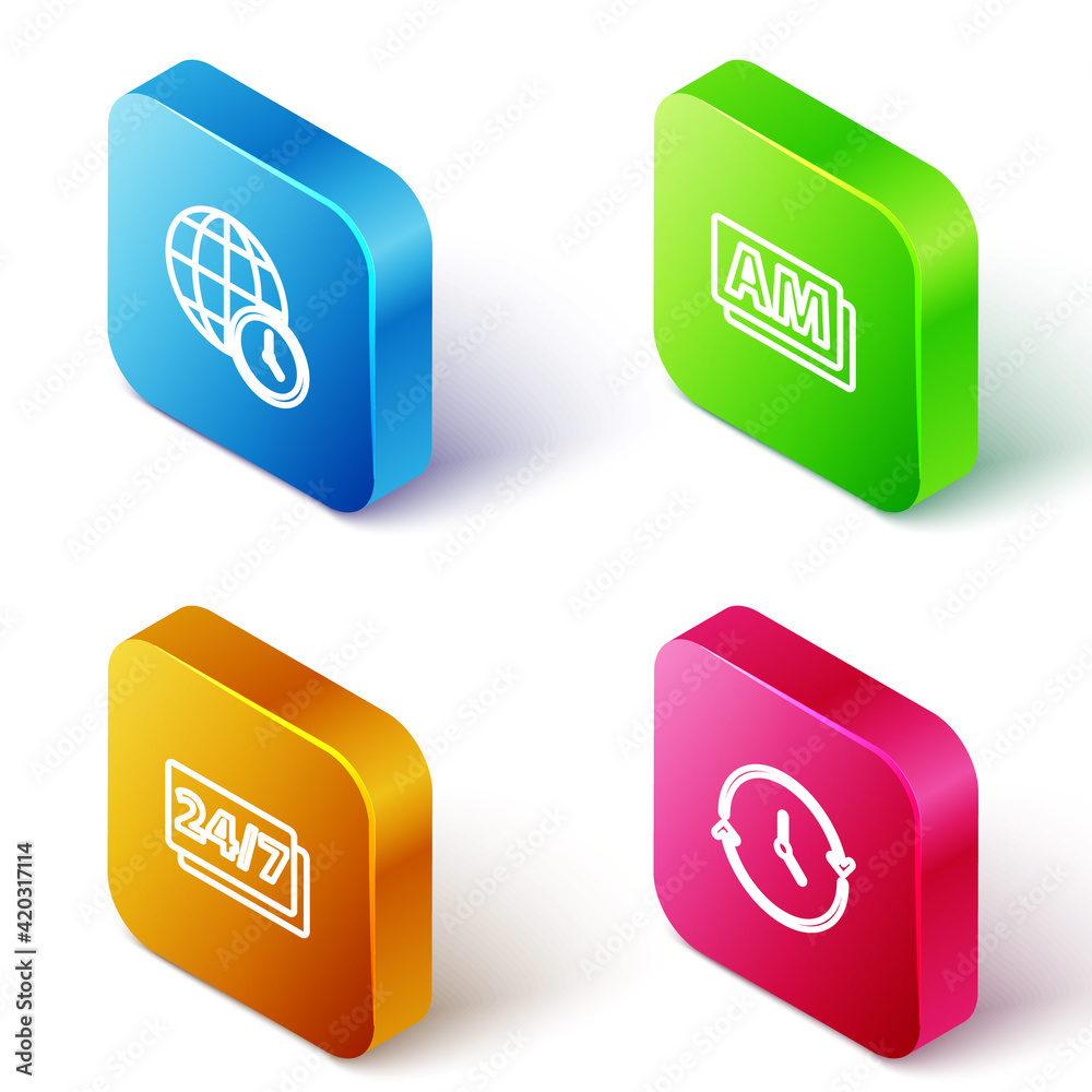 Set Isometric line World time, Clock AM, 24 hours and icon. Vector Set Isometric line World time, Clock AM, 24 hours and icon. Vector