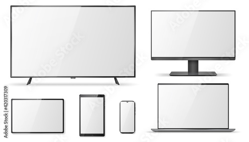Realistic television screen, monitor, laptop, tablet, smartphone mockups isolated on white background