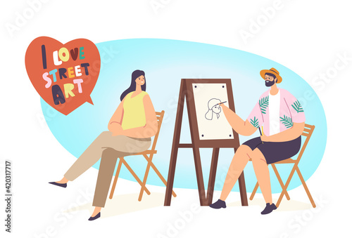 Street Artist Character Painting Portrait of Beautiful Girl Sit in Front of Easel. Painter Holding Brush, Woman Posing