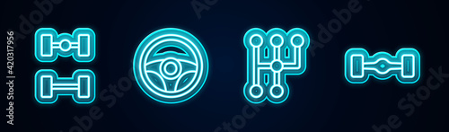 Set line Chassis car, Steering wheel, Gear shifter and . Glowing neon icon. Vector