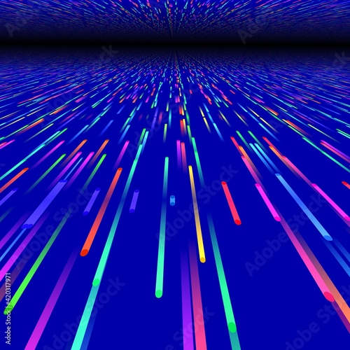 many bright neon coloured particles falling vertically with blurred motion on a bright blue background