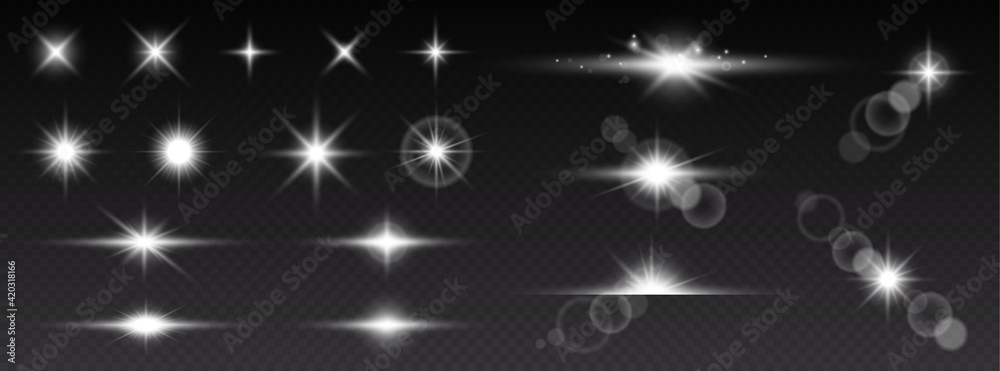 Realistic lens flares star lights and glow white elements on transparent background