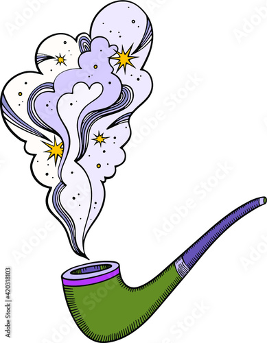 Vector illustration of smoking pipe with hemp. Device for smoking marijuana. Smoking weed equipment.