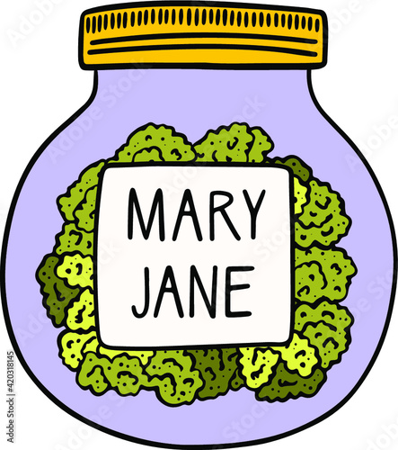 Vector illustration of cannabis buds in a glass jar on white background. Lettering Mary Jane. Vector card or poster design with unique typography.