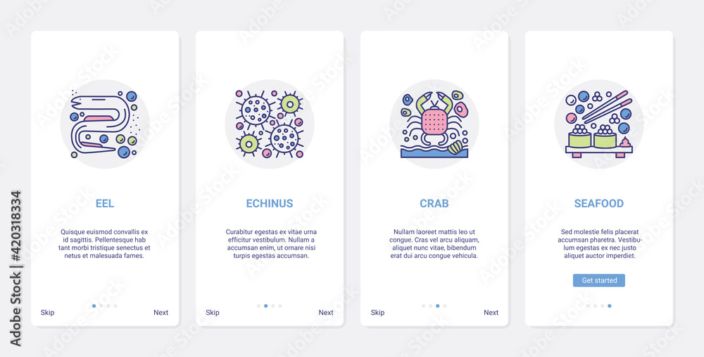 Seafood restaurant menu ingredients vector illustration. UX, UI onboarding mobile app page screen set with line sea urchin echinus eel crab, crustacean and fish marine sea product symbol collection