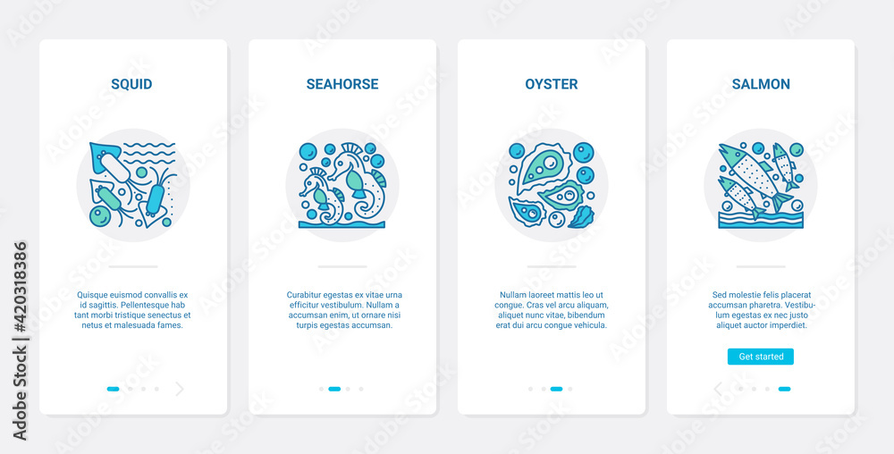 Sea ocean fish shellfish vector illustration. UX, UI onboarding mobile app page screen set with line underwater sealife symbols, squid oyster seahorse salmon in sea water, marine animals collection