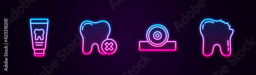 Set line Tube of toothpaste, Tooth with caries, Otolaryngological head reflector and Broken. Glowing neon icon. Vector