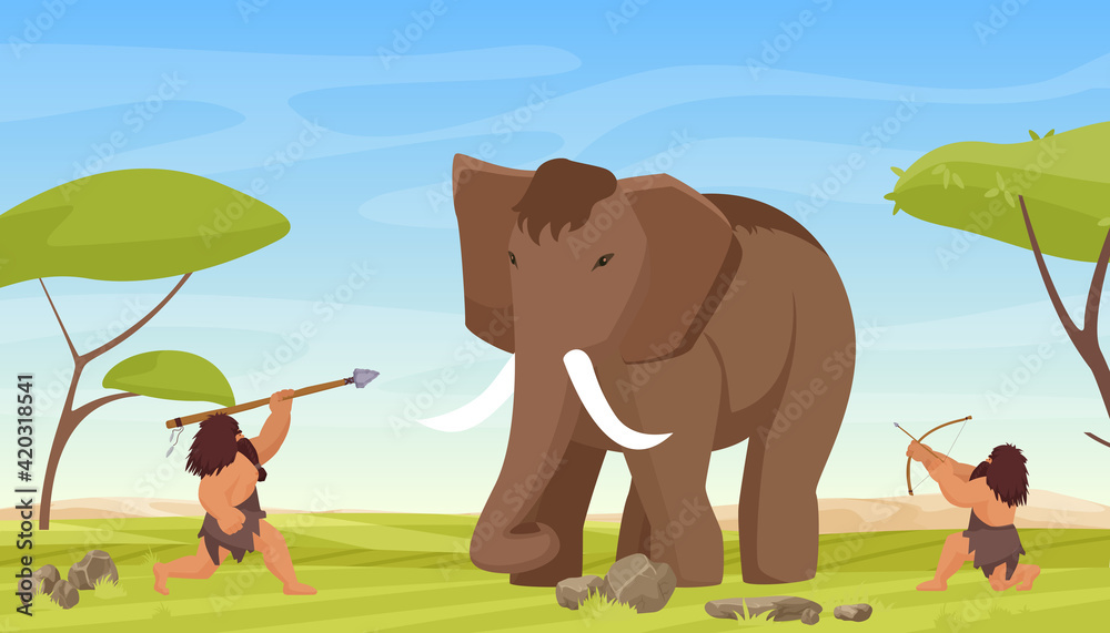 Primitive caveman people hunt ancient woolly mammoth vector illustration.  Cartoon primeval savage hunters, man characters hunting prehistoric wild  animal with bow, arrows and spears weapon background Векторный объект Stock  | Adobe Stock