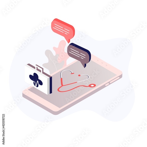 Online tele medicine flat illustration concept. Online medical consultation and treatment via application of smartphone connected internet clinic. Online ask doctor consultation in mobile vector.