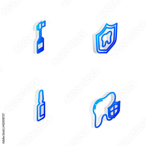 Set Isometric line Dental protection, Toothbrush, Painkiller tablet and icon. Vector