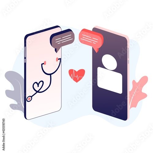 Online tele medicine flat illustration concept. Online medical consultation and treatment via application of smartphone connected internet clinic. Online ask doctor consultation in mobile vector.