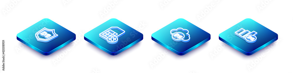 Set Isometric line Protective shield 5G, Sim card rejected, Cloud network and icon. Vector
