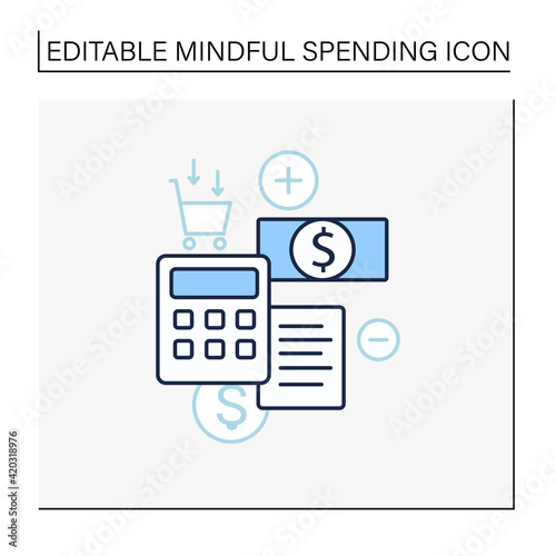 Budgeting line icon. Creating plan to spend money. Rational money distribution.Cash counting. Thoughtful spending money. Mindful spending concept.Isolated vector illustration.Editable stroke