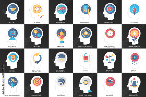 Mental healthy unhealthy thinking of human brain vector illustration set. Cartoon creative chessboard with abstract heads, brainstorm creativity imagination stress aspiration symbols inside background